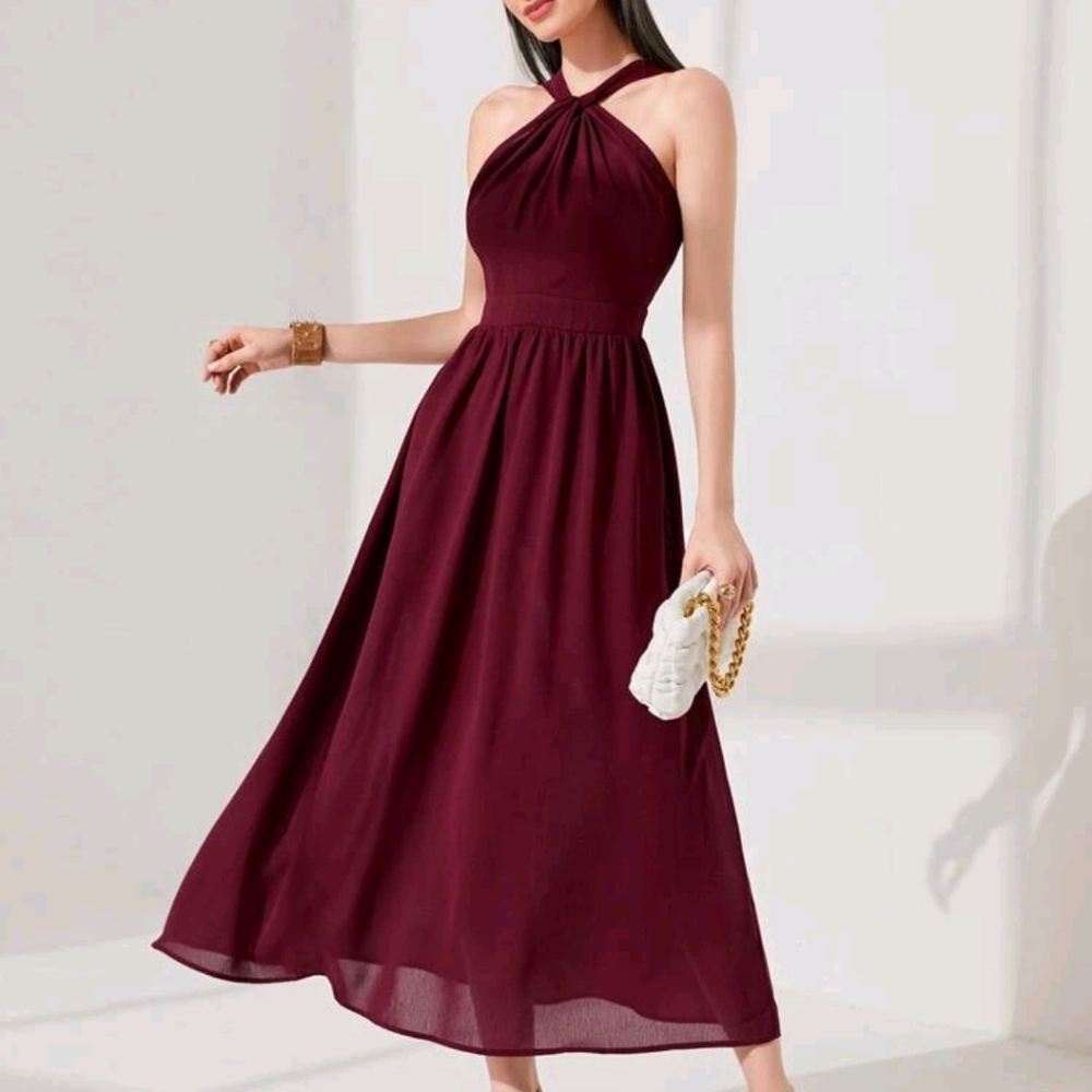 BN SheIn Modely Crisscross Halter Burgundy Midi Dress
